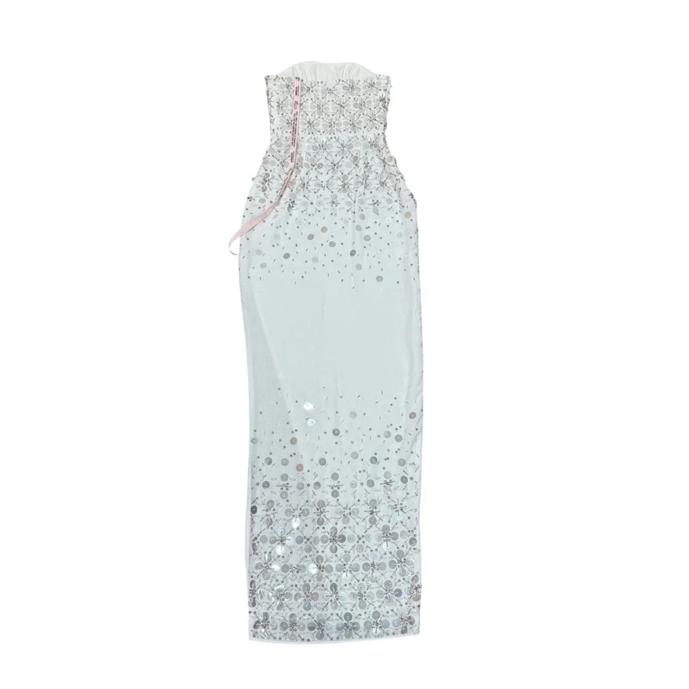 Oh Polly Alcyone Ivory White Hand Embellished Bandeau Corset Maxi Dress US 0